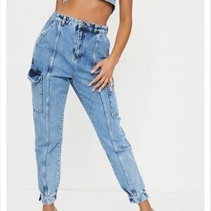 PrettyLittleThing Jeans Joggers Mid Wash Blue Cargo Pocket Denim Streetwear NWT